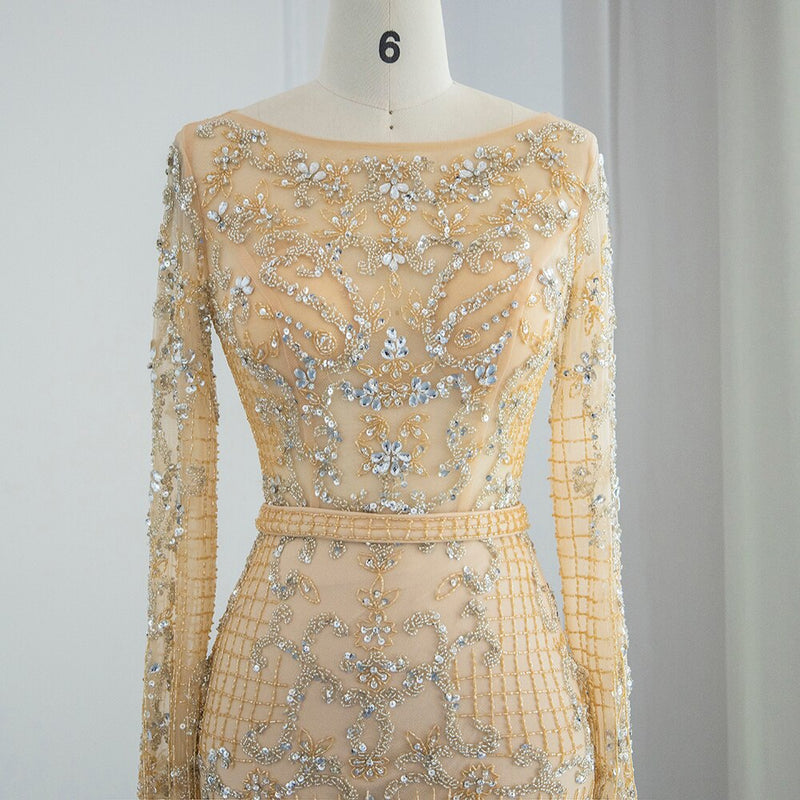 Said Luxury Beading Tassel Dubai Evening Dresses Women Long Sleeve Prom Formal Gowns for Wedding Party Guest