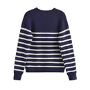 Vintage Women Navy Blue Striped Button Sweater Long Sleeve Round Neck Female Autumn Winter Pullover Tops