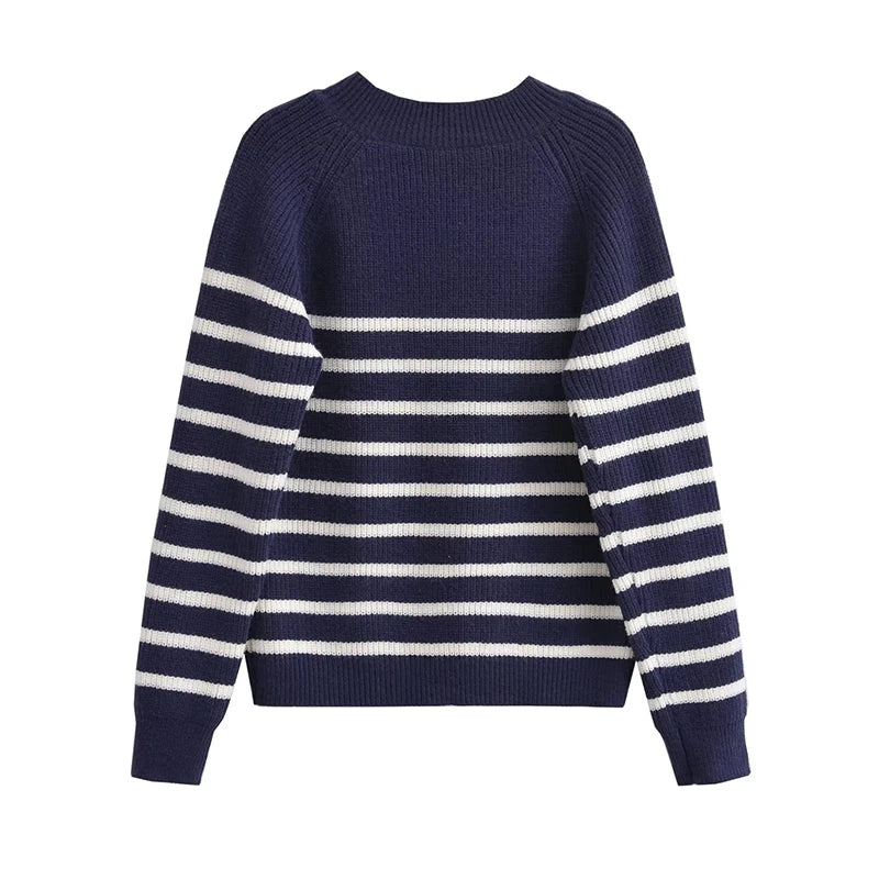 Vintage Women Navy Blue Striped Button Sweater Long Sleeve Round Neck Female Autumn Winter Pullover Tops