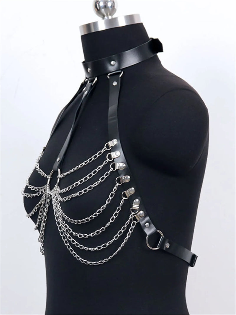 Women Body Chest Harness Bodycon Lingerie Chain Vest Leather Lingerie Bondage Lingerie Gothic Fetish Clothing