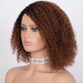 Mannequin head with a brown curly wig on a white background, Obroi