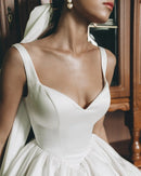Elegant Two Wide Straps V-neck Short/Mini Satin Wedding Dresses Custom Made Bridal Grown