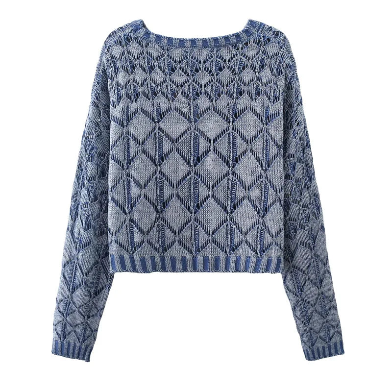 Autumn Women's Wash Effect Knitwear Vintage Geometric Hollow Out Pullover Smock Thin Crop Top Sweater