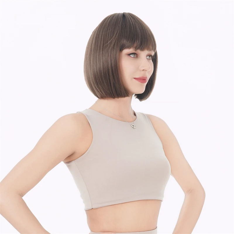 Bob Short Straight Brown Swept Bangs Full Synthetic Wig