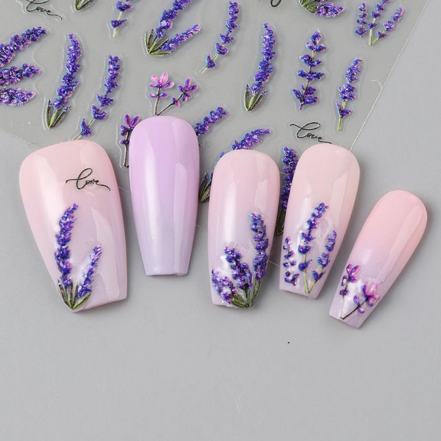 2 pcs Embossed Elegant Lavender Flowers Nail Florals Spring Summer Petals  Nail Access