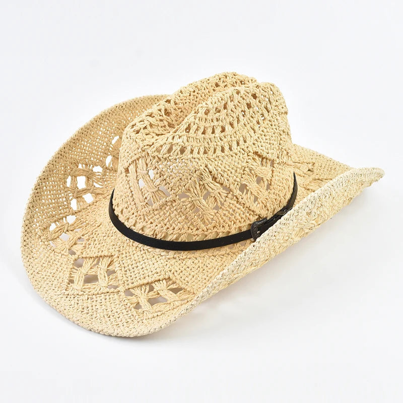 Beige straw cowboy hat with a black band on a white background