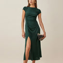 Dresses For Women Front Gathered Button Elegant Office Dress Round Neck Cap Sleeve Vintage Midi Dress With Slit