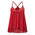 A red satin and lace camisole nightgown with thin adjustable straps, a lace-trimmed sweetheart neckline, and a small decorative jewel at the center front, shown on a plain white background, Obroi