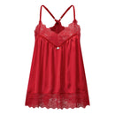 A red satin and lace camisole nightgown with thin adjustable straps, a lace-trimmed sweetheart neckline, and a small decorative jewel at the center front, shown on a plain white background, Obroi