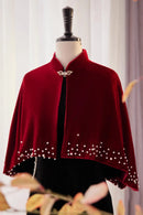 Women's Autumn Winter Pearl Beaded Velvet Pashmina Female Summer Sunscreen Warm Shawl Cloak