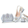 Silver glittery shoes and matching handbag on a white background with text 'One Set: Shoes + Bag', Obroi