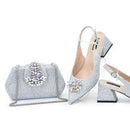 Silver glittery shoes and matching handbag on a white background with text 'One Set: Shoes + Bag', Obroi