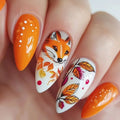Nail art design with a fox and autumn leaves on a white background, Obroi