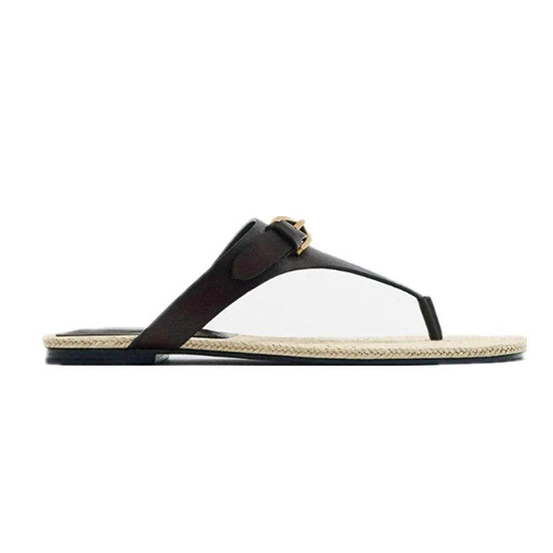 Splicing Clip On Slippers Retro Leather Flat Shoes Summer Slippers Sandals Women Grass Woven