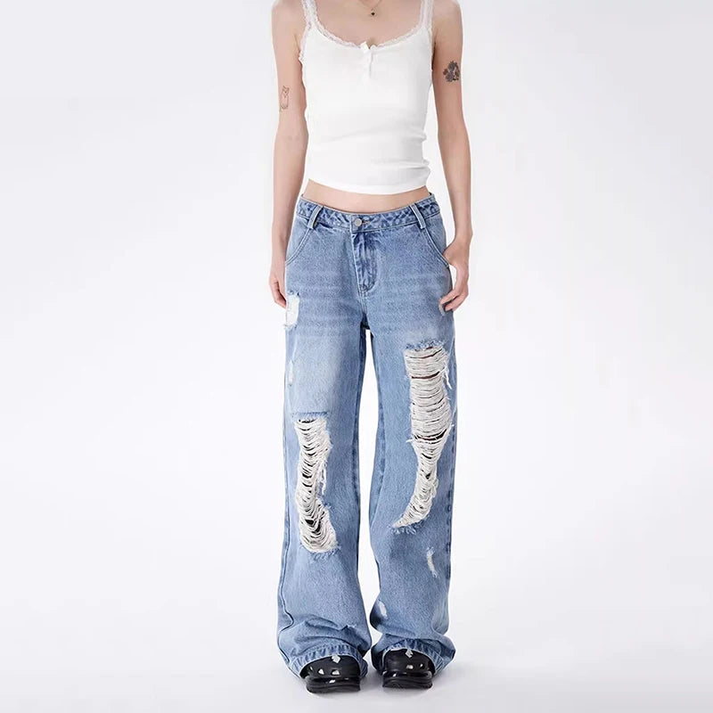 Denim Destroyed Boyfriend Jeans Vintage Wash Wide Leg Denim Pants
