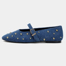 Denim Ballet Flats Women Round Toe Metal Rivets Shoes Buckle Mary Jane Shoe