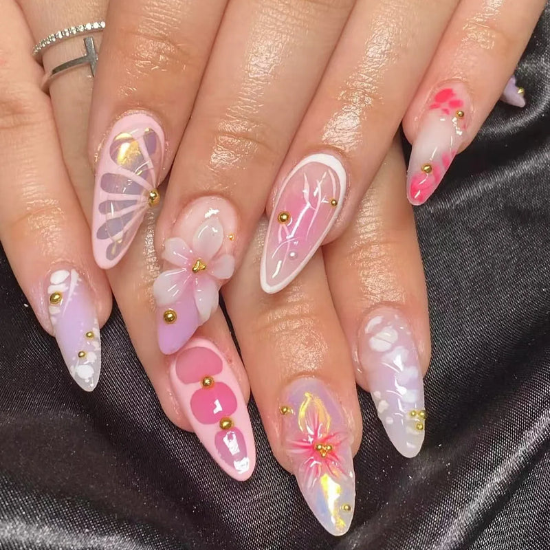 Pink Flowers Metal Bead Wearable Nail Chic Short Almond Press on Nails