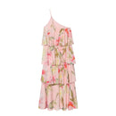 Summer Women Pink Floral One Single Shoulder Sling Dress Cascade Ruffles Hem Long Dresses Holiday