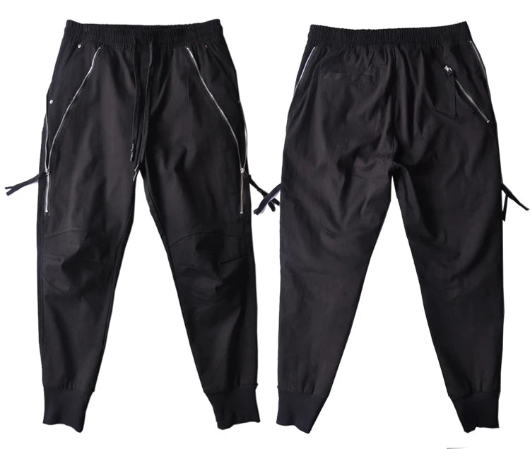 Casual and versatile pants personalized zipper small foot Harlan pants men's slim fitting and legged overalls trend