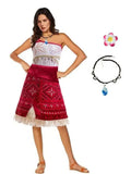 Person wearing a costume with a red skirt and white top, accompanied by a necklace and flower accessory, Obroi