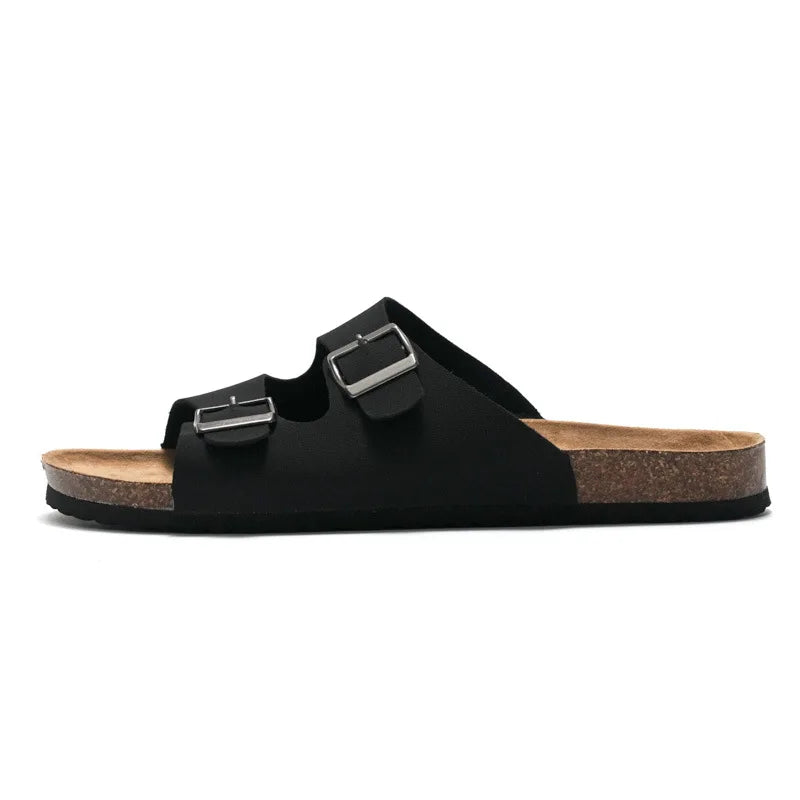 Men Cork Slippers Leather Mule Clogs Slippers Soft Cork Two Buckle Slides Footwear
