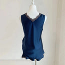 Women Silk Embroidered Satin Set sleeveless tops high waist elastic waist shorts