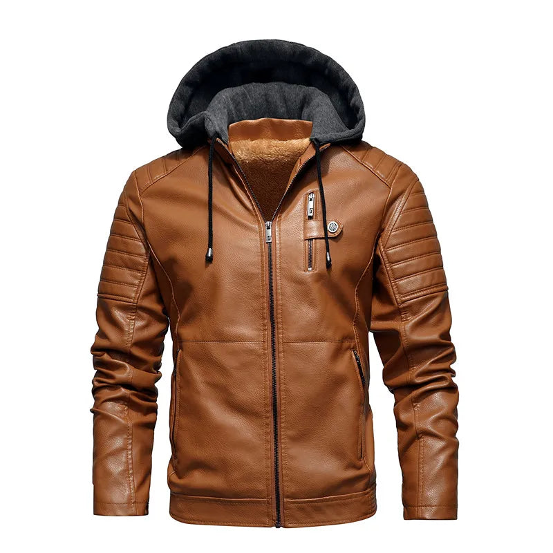 Motorcycle Hoodie Leather Jacket Men Solid Fleece Casual Windbreaker Jackets Slim Military Tactical Thick Coats Winter