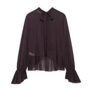 Women Back Bow Lace Up Ruffled Pleated Pullover Blouse Female Chic Lady Shirts