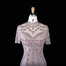Champagne Evening Dress Sheer Sleeve Grid Rhinestone Mermaid Formal Occasion Gown