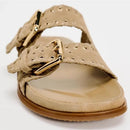 Beige sandal with gold buckle on a white background, Obroi