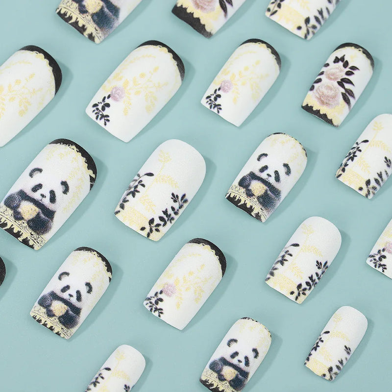 Cute Panda Nails with Glue Spring Flower Design Acrylic Nail Set Fake Nails Artificial Nails Set Press On