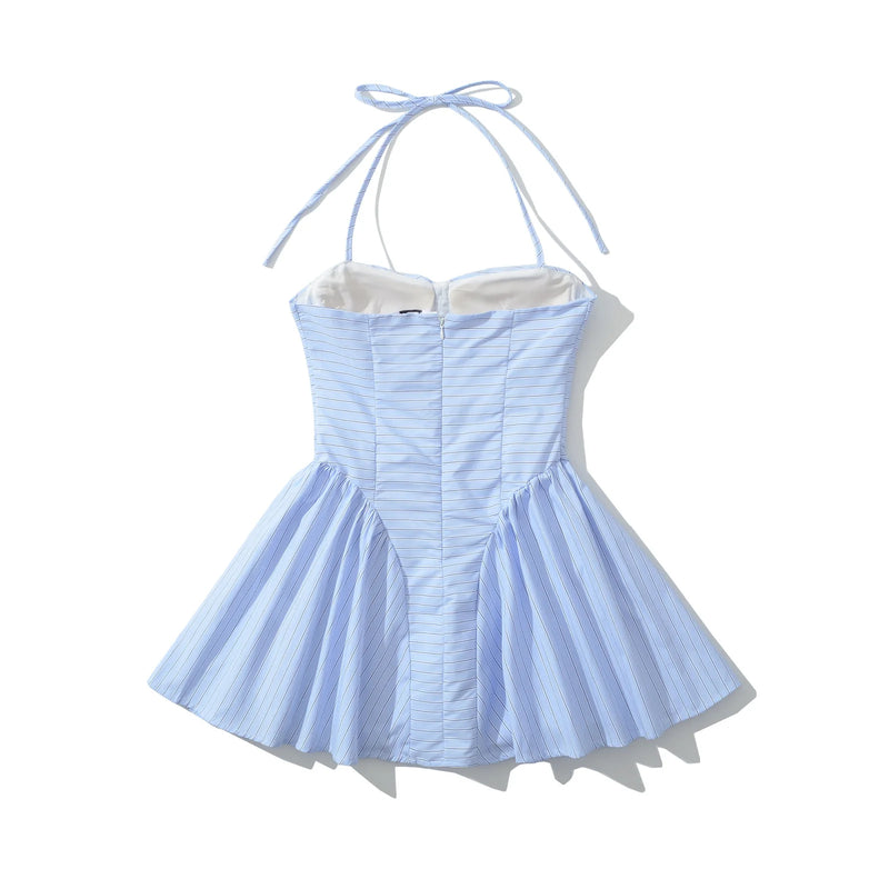 Blue Striped Halter Strapless Dress Women Front Button Low Waist Summer Backless Dresses