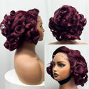 Wavy burgundy wig on a mannequin head with close-up views against a white background, Obroi