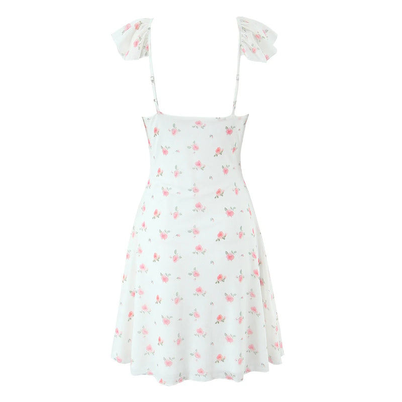 Floral Bow Ruffles Strap Sling Dress Women Backless Slim Waist Mini Sleeveless Tank Dresses Robe
