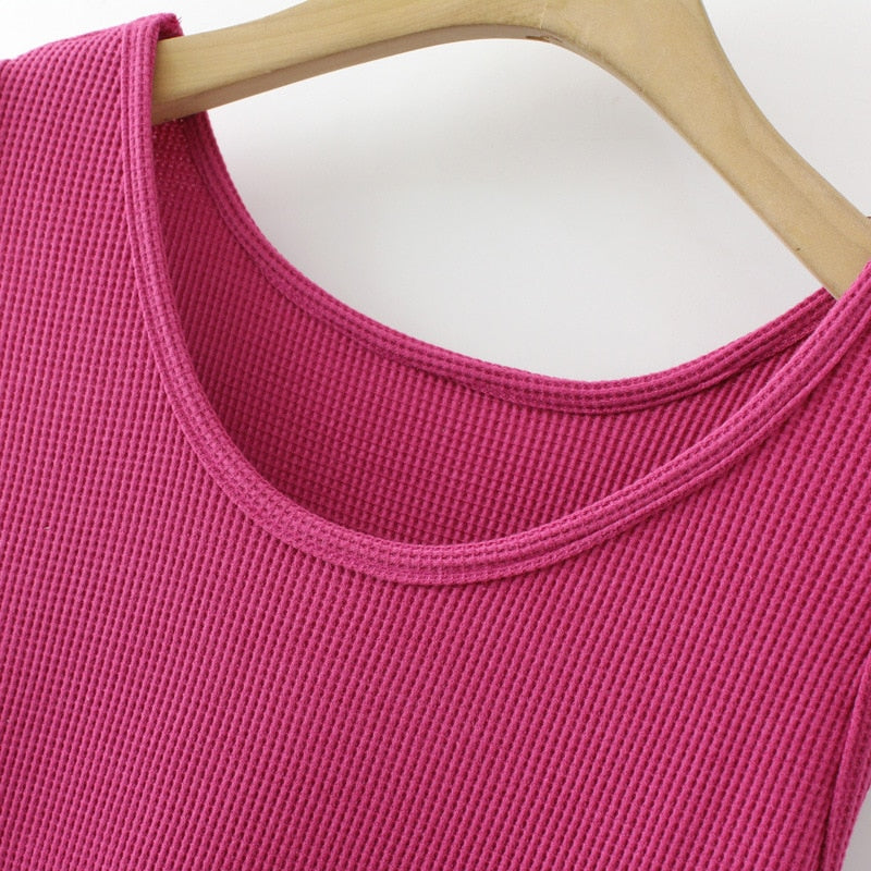 Women Spring Summer Waffle O-Neck Sleeveless Bottoming Vest Oversize Curve Clothes