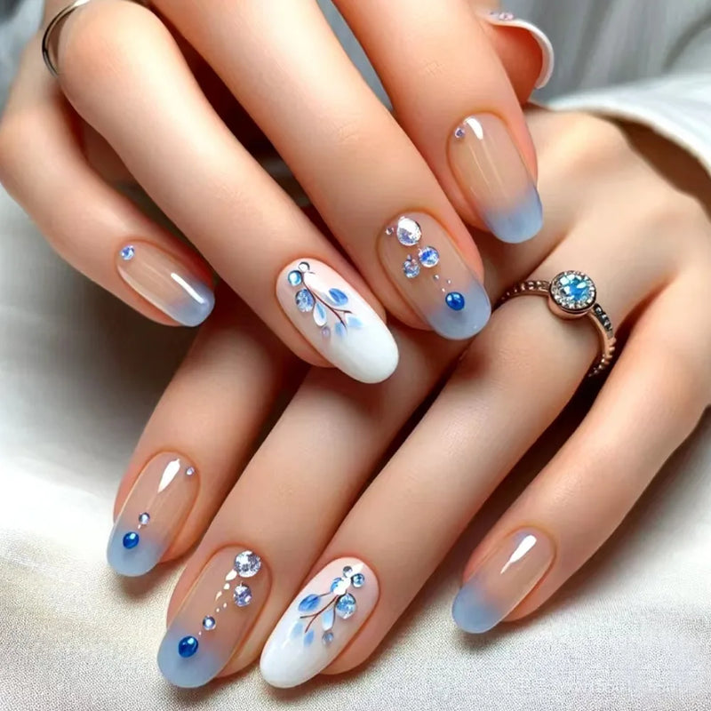 24pcs Wearable False Nails Art Glitter Flower Design Press on Nails Sets Short Ballet Fake Nail Simple Manicure Tips Finished
