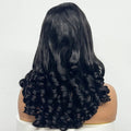 Black hair extensions on a mannequin head against a white background, Obroi