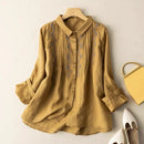 Linen Shirt for Women Summer Embroidery Blouses Top Turn-down Collar