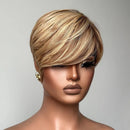 Mannequin head with a styled blonde wig on a gray background, Obroi