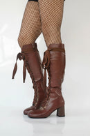 Brown Chunky Heels Lace-Up Knee Splicing Women's Boots Hollow Retro Casual Shoes
