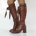 Brown Chunky Heels Lace-Up Knee Splicing Women's Boots Hollow Retro Casual Shoes