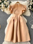 Women Elegant Ruffles Dress Summer Short Sleeve A Line Vintage Dresses Ladies Casual Solid Party Dress