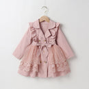 Kid Girls Winter Trench Coat Lace Mesh Patchwork Long Sleeve Lapel Ruffle Double Breasted Windbreaker Outwear with Belt