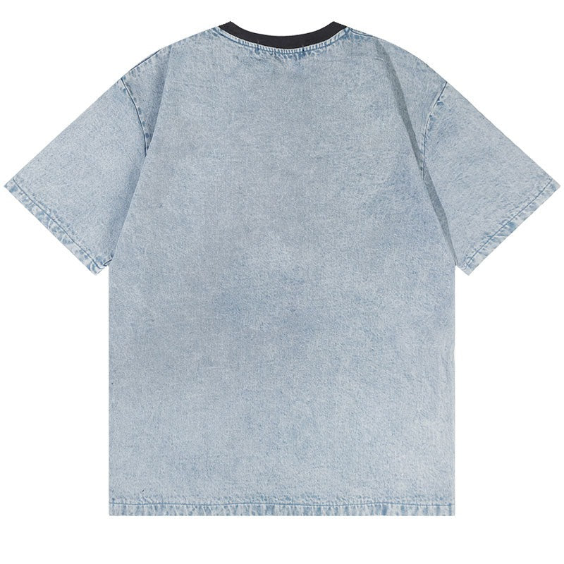 Denim T Shirt Streetwear Embroidery Butterfly T-shirt Men Jeans Tee Shirts Top