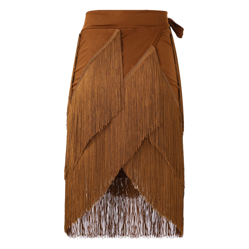 Womens Latin Dance Skirts Ballroom Dance  Performance Costume Lace-Up Fringed Hip Scarf Tassel Waltz Skirt
