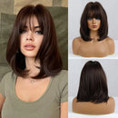 Light Brown Short Straight Bob Wig Ombre Middle Length Wigs with Bangs Natural