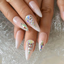 Nails Pink White Gradient Nails Luxury 3D Diamond Rhinestone Inlaid Steeple Long Nail