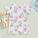 Easter Newborn Baby Girls Jumpsuit Bunny Heart Print Summer Short Sleeve Romper for Toddler Casual Clothing