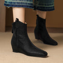 Winter Women Ankle Boots Wedge  Woven Square Toe Leather Shoes Autumn Short Boots
