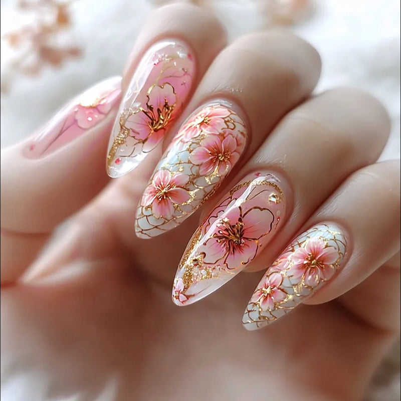 24pcs/set Medium long fake nails Swan fish flowers for summer season gradient almond square ballet tips press on false nails